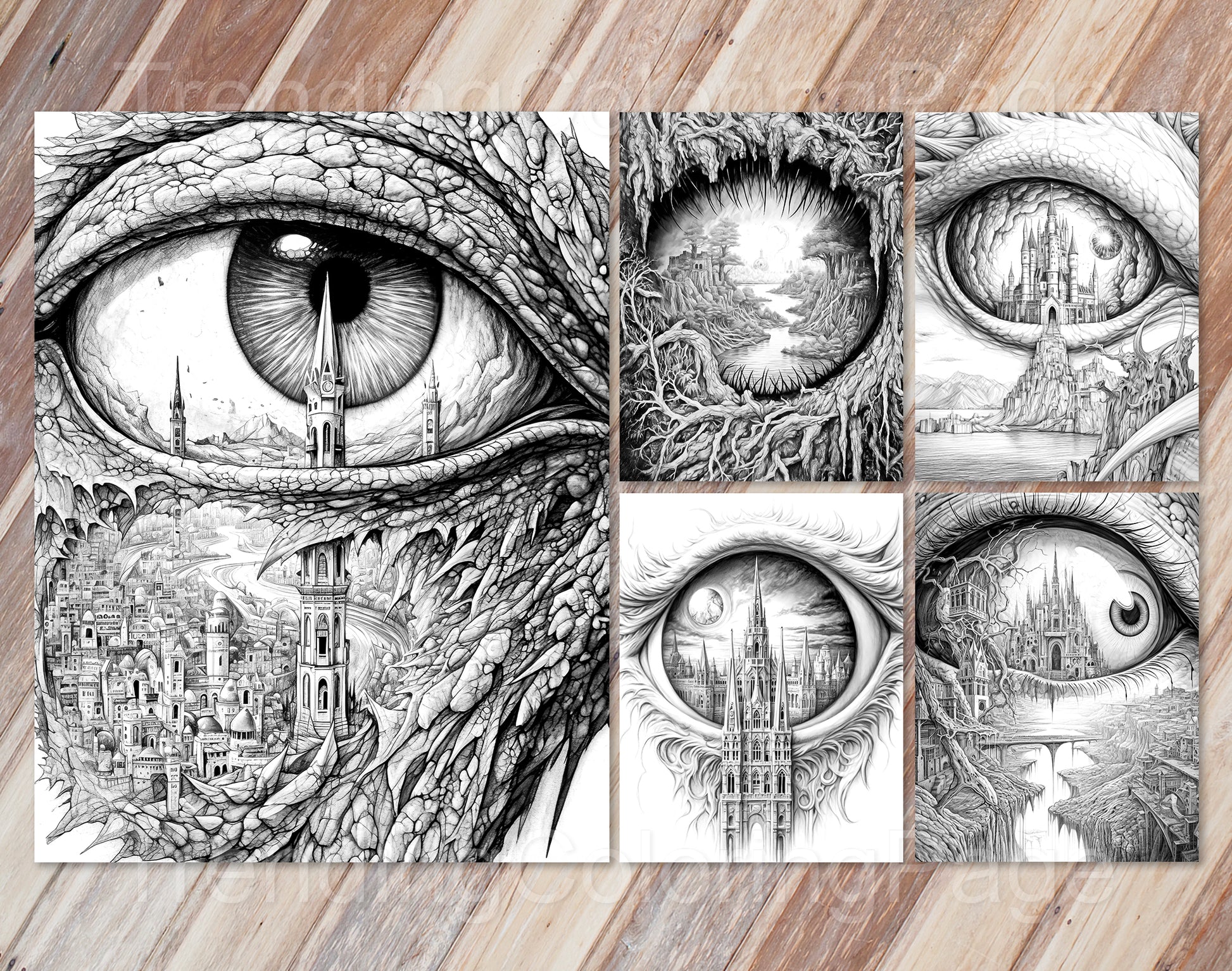 35 Another World Inside Eyes Grayscale Coloring Pages - Instant Download - Printable PDF Dark/Light – preview 9