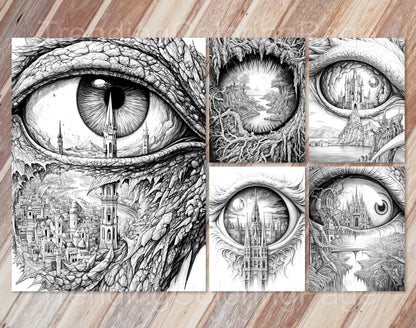 35 Another World Inside Eyes Grayscale Coloring Pages - Instant Download - Printable PDF Dark/Light – preview 9