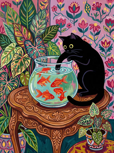 Black Cat and the Goldfish Bowl Wall Art Decor