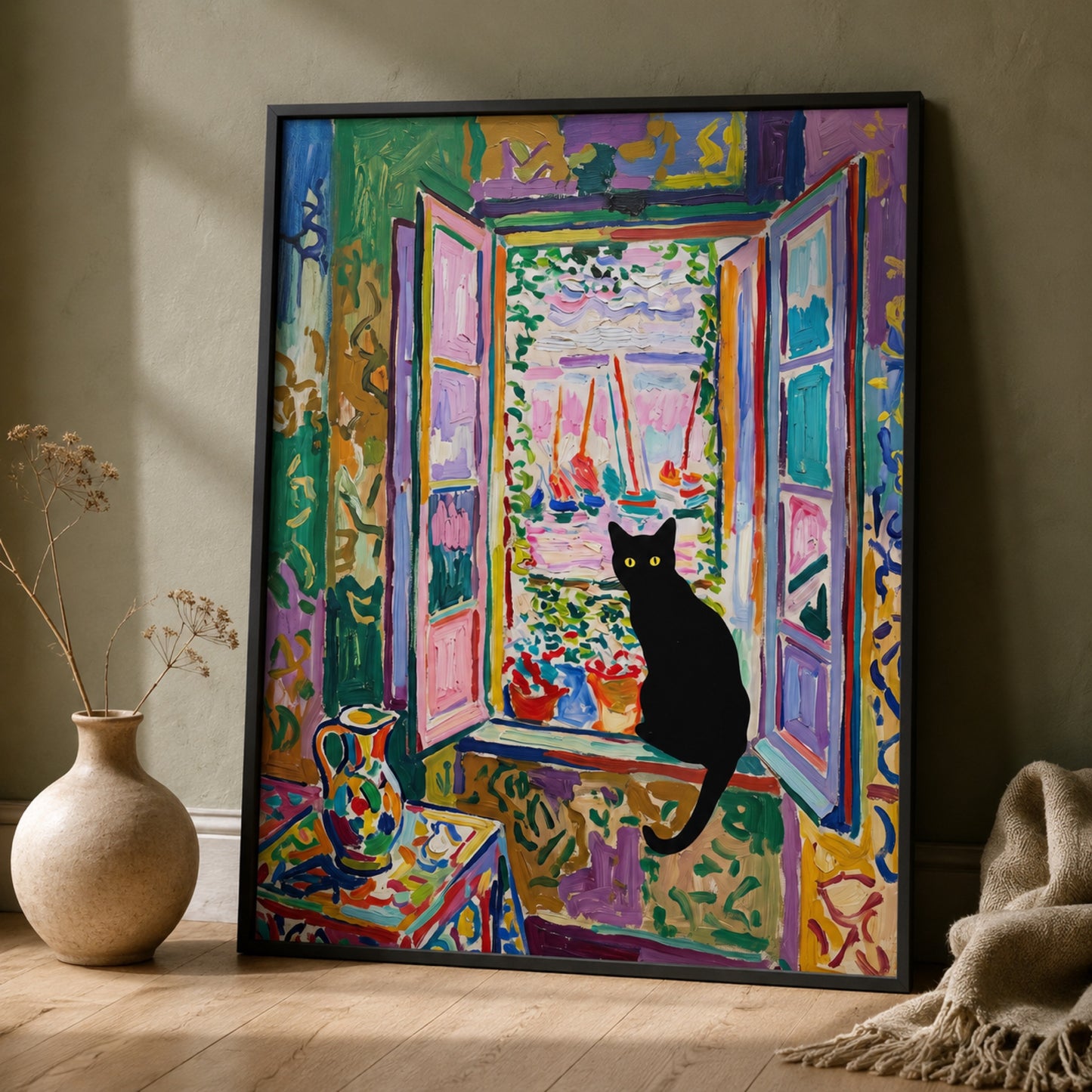 Black Cat at the Harbor Window Wall Art Decor preview 2