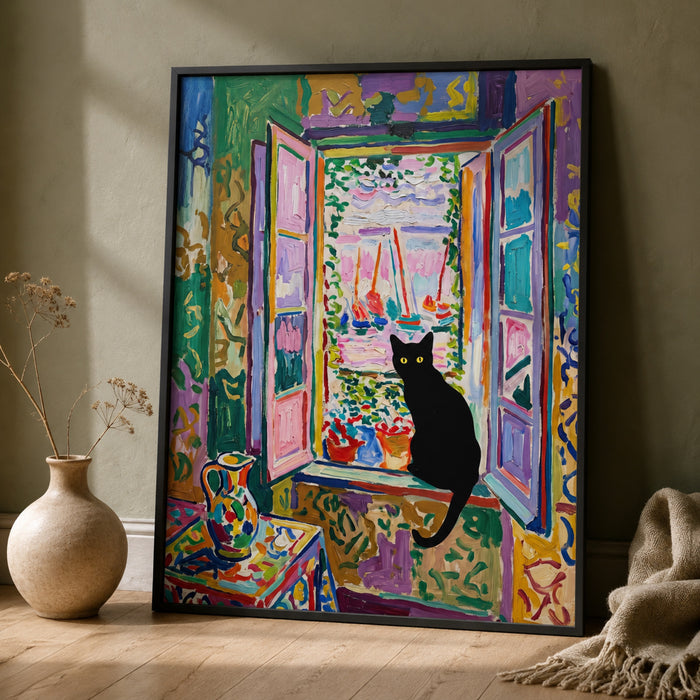 Black Cat at the Harbor Window Wall Art Decor