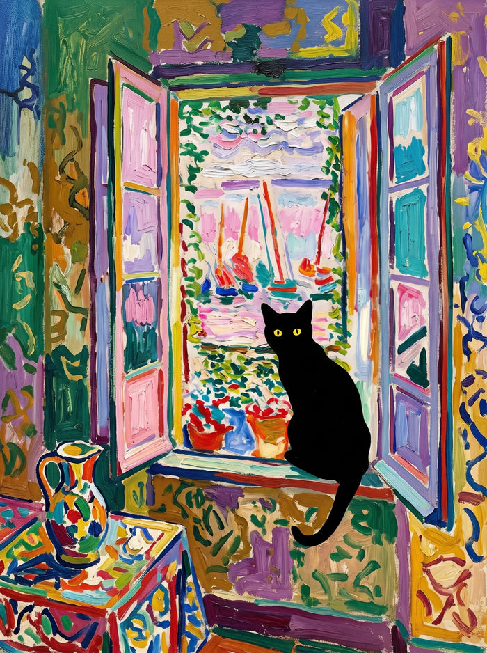 Black Cat at the Harbor Window Wall Art Decor