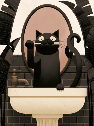 Black Cat Brushing Teeth Wall Art Decor