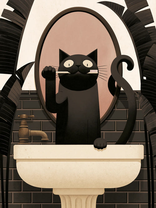 Black Cat Brushing Teeth Wall Art Decor