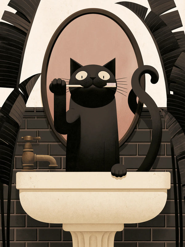 Black Cat Brushing Teeth Wall Art Decor