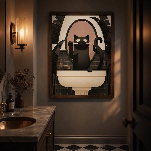 Black Cat Brushing Teeth Wall Art Decor