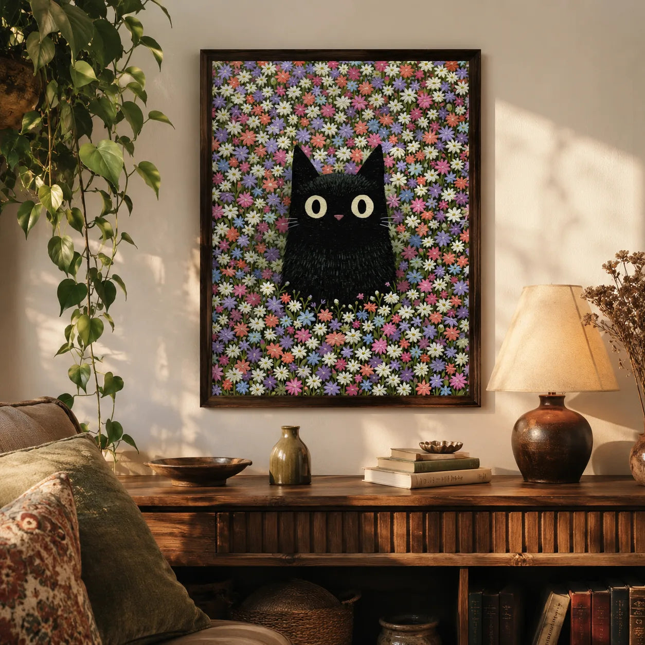Black Cat Flower Garden Wall Art Decor - Wall Art Decor - in use