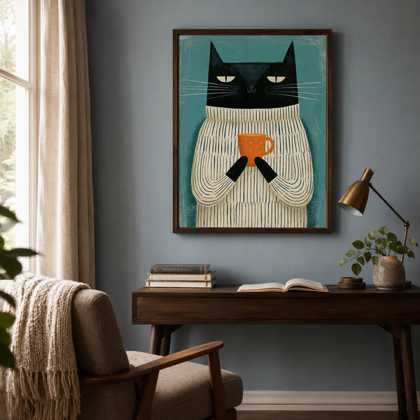 Black Cat Holding Coffee Wall Art Decor