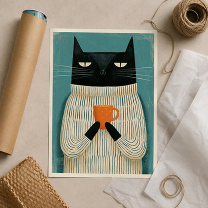 Black Cat Holding Coffee Wall Art Decor - Wall Art Decor - back view