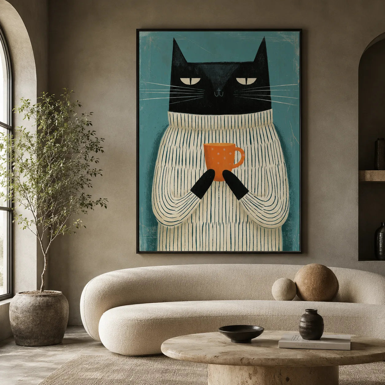 Black Cat Holding Coffee Wall Art Decor - Wall Art Decor - close up