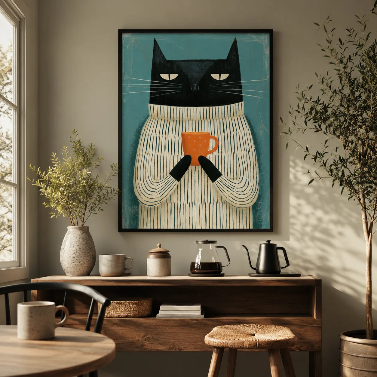 Black Cat Holding Coffee Wall Art Decor - Wall Art Decor - detail