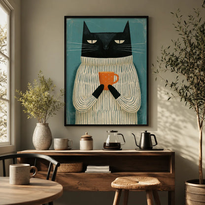 Black Cat Holding Coffee Wall Art Decor - Wall Art Decor - detail