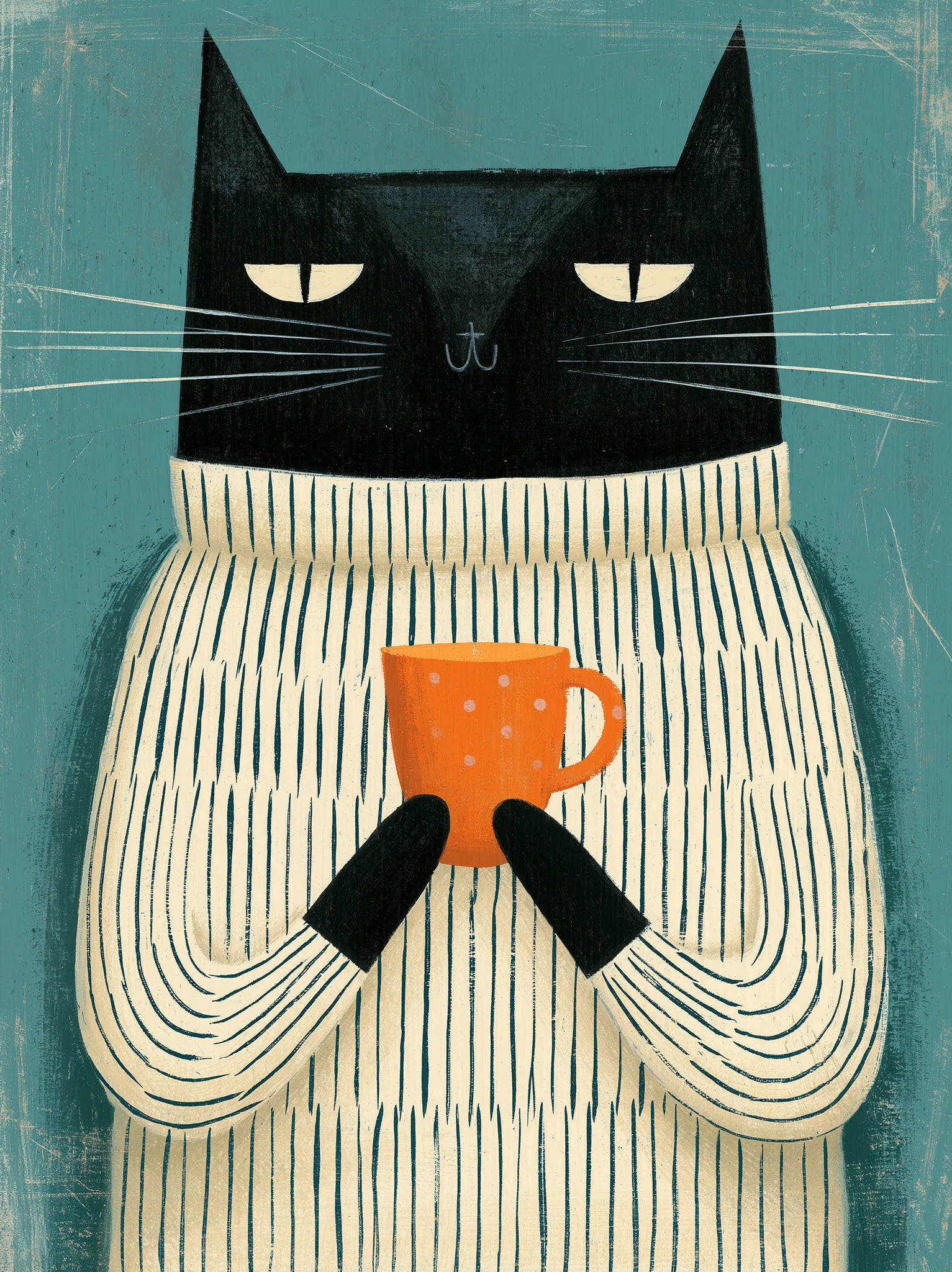 Black Cat Holding Coffee Wall Art Decor - Wall Art Decor - front view