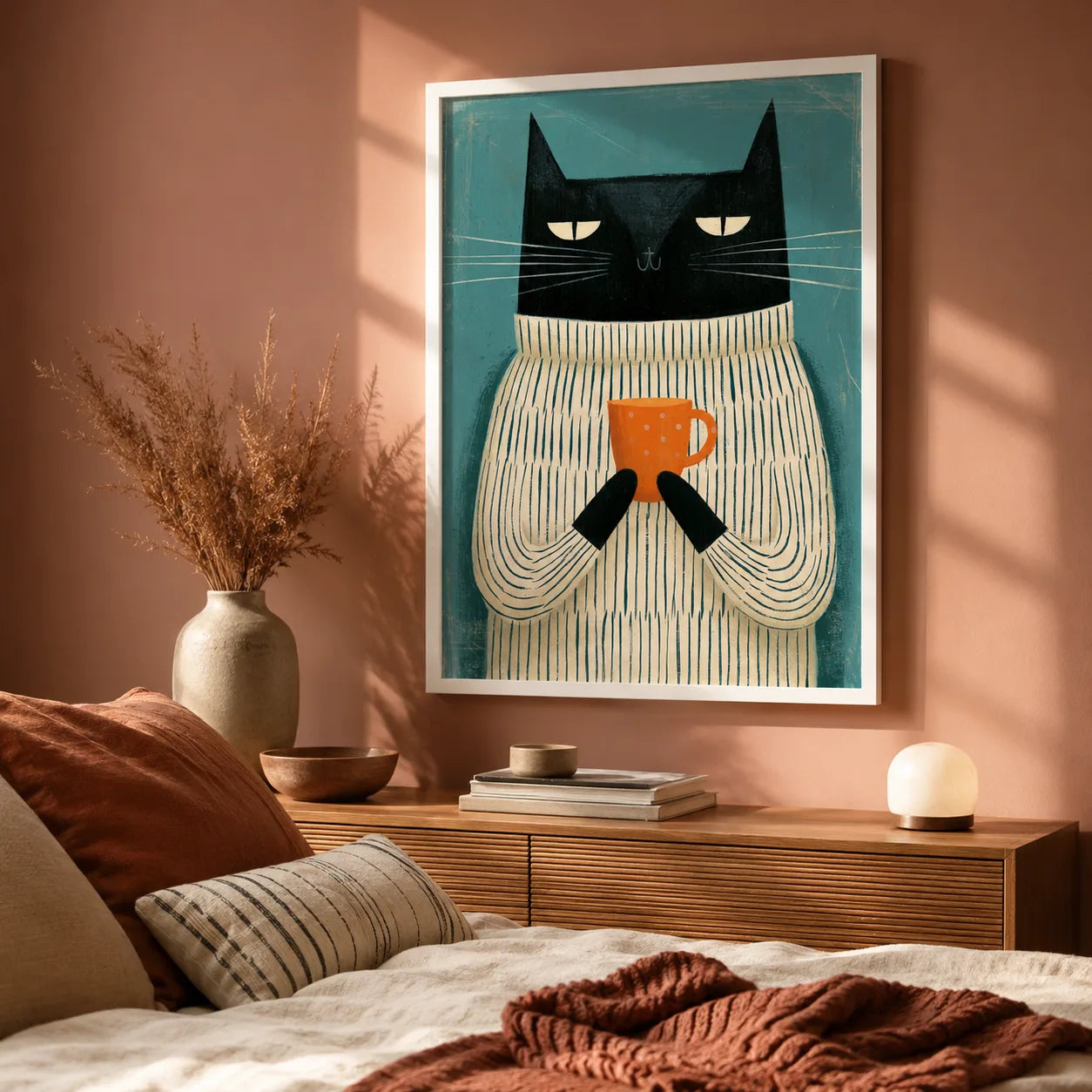 Black Cat Holding Coffee Wall Art Decor - Wall Art Decor - in use