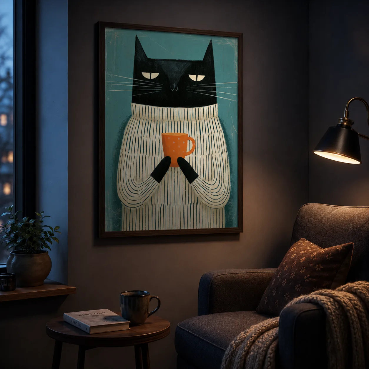 Black Cat Holding Coffee Wall Art Decor - Wall Art Decor - lifestyle