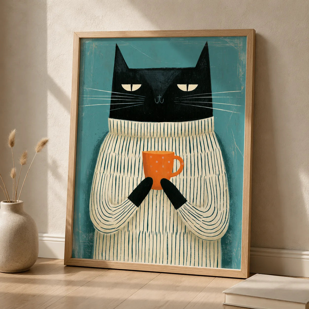 Black Cat Holding Coffee Wall Art Decor - Wall Art Decor - side view