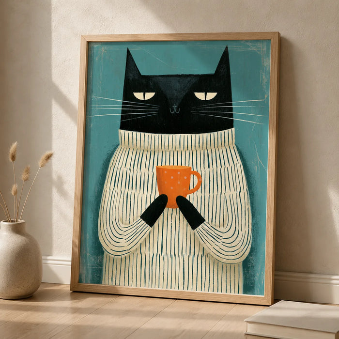 Black Cat Holding Coffee Wall Art Decor