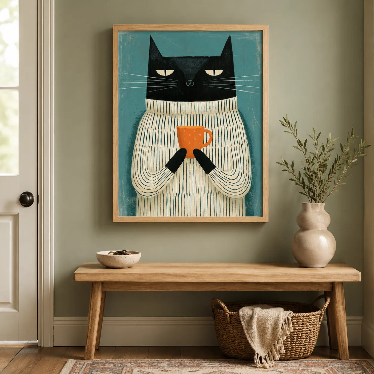 Black Cat Holding Coffee Wall Art Decor - Wall Art Decor - styled