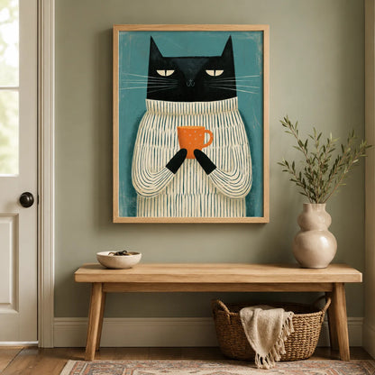 Black Cat Holding Coffee Wall Art Decor - Wall Art Decor - styled