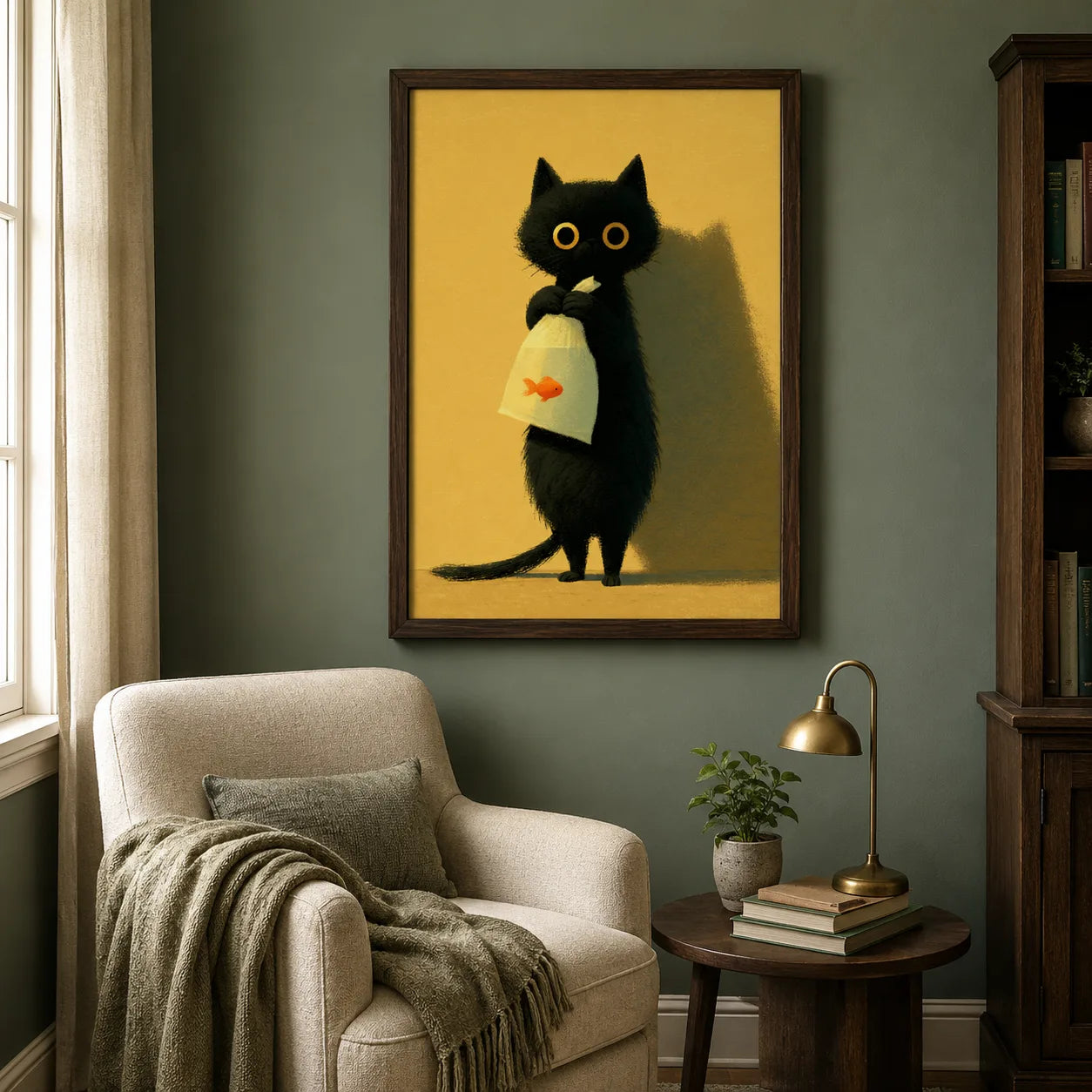 Black Cat Holding Goldfish Wall Art Decor - Wall Art Decor - alternate angle