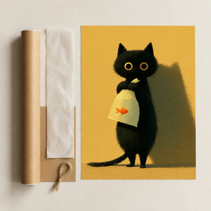 Black Cat Holding Goldfish Wall Art Decor - Wall Art Decor - back view