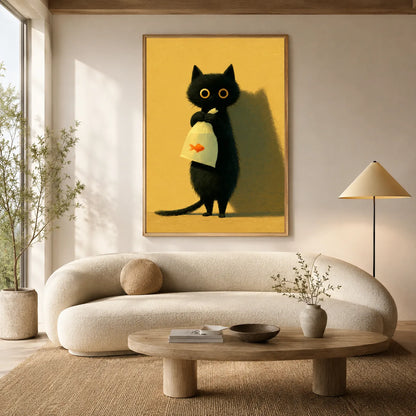 Black Cat Holding Goldfish Wall Art Decor - Wall Art Decor - close up