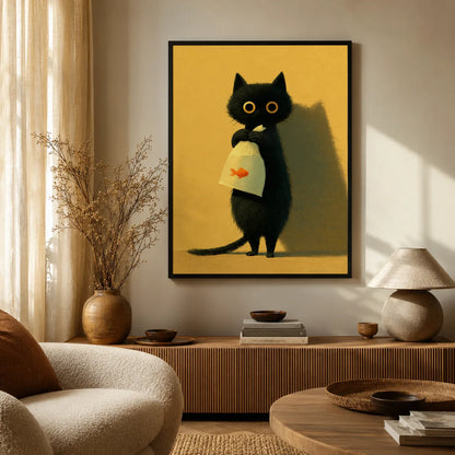 Black Cat Holding Goldfish Wall Art Decor - Wall Art Decor - in use