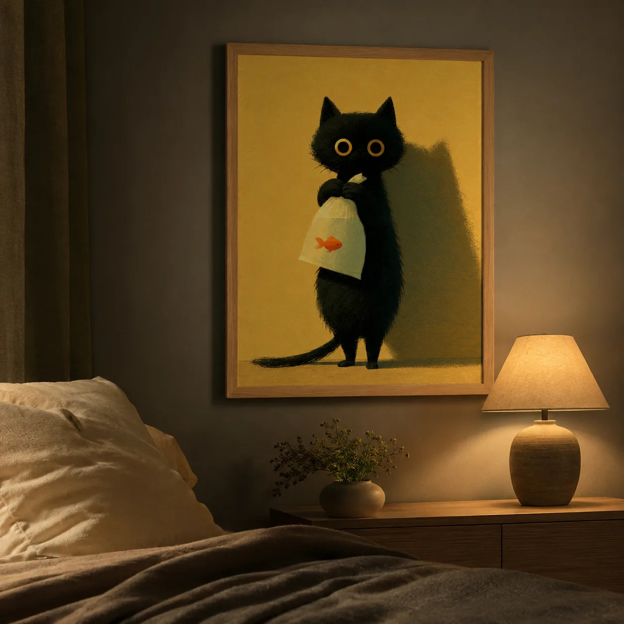 Black Cat Holding Goldfish Wall Art Decor - Wall Art Decor - lifestyle
