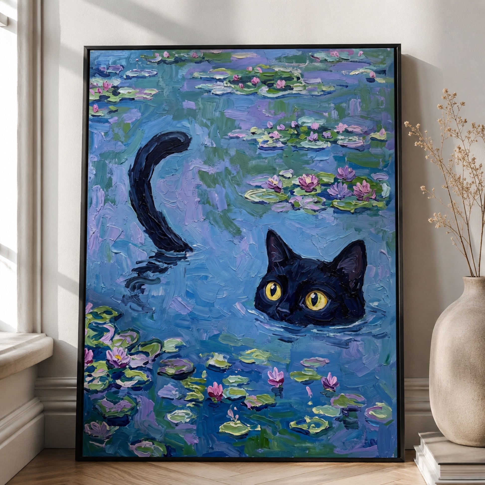 Black Cat in Monet Water Lilies Wall Art Decor preview 2