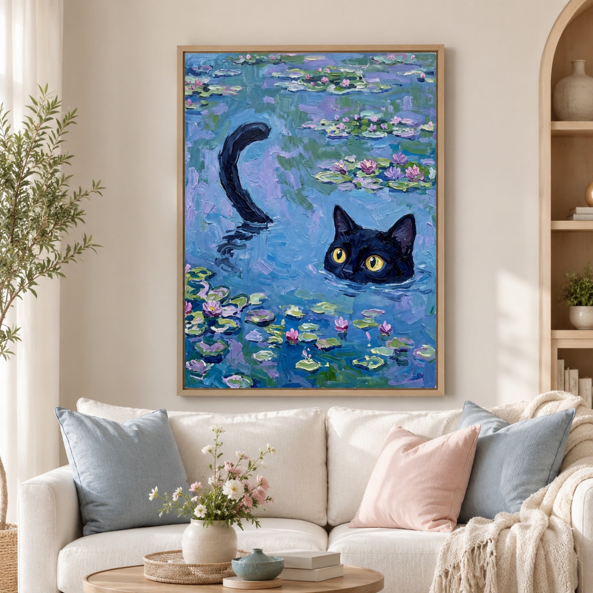 Black Cat in Monet Water Lilies Wall Art Decor preview 3