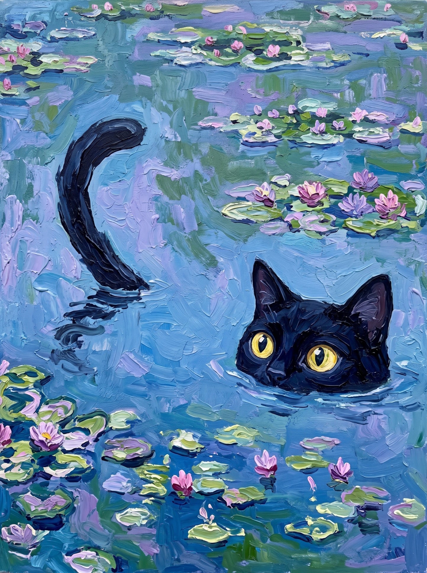 Black Cat in Monet Water Lilies Wall Art Decor