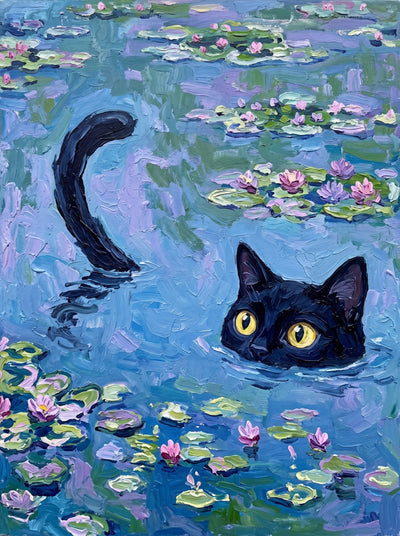 Black Cat in Monet Water Lilies Wall Art Decor