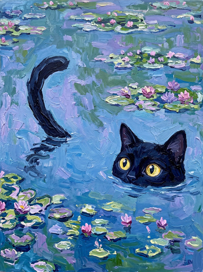 Black Cat in Monet Water Lilies Wall Art Decor