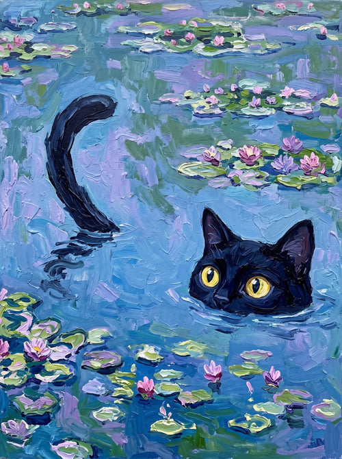 Black Cat in Monet Water Lilies Wall Art Decor