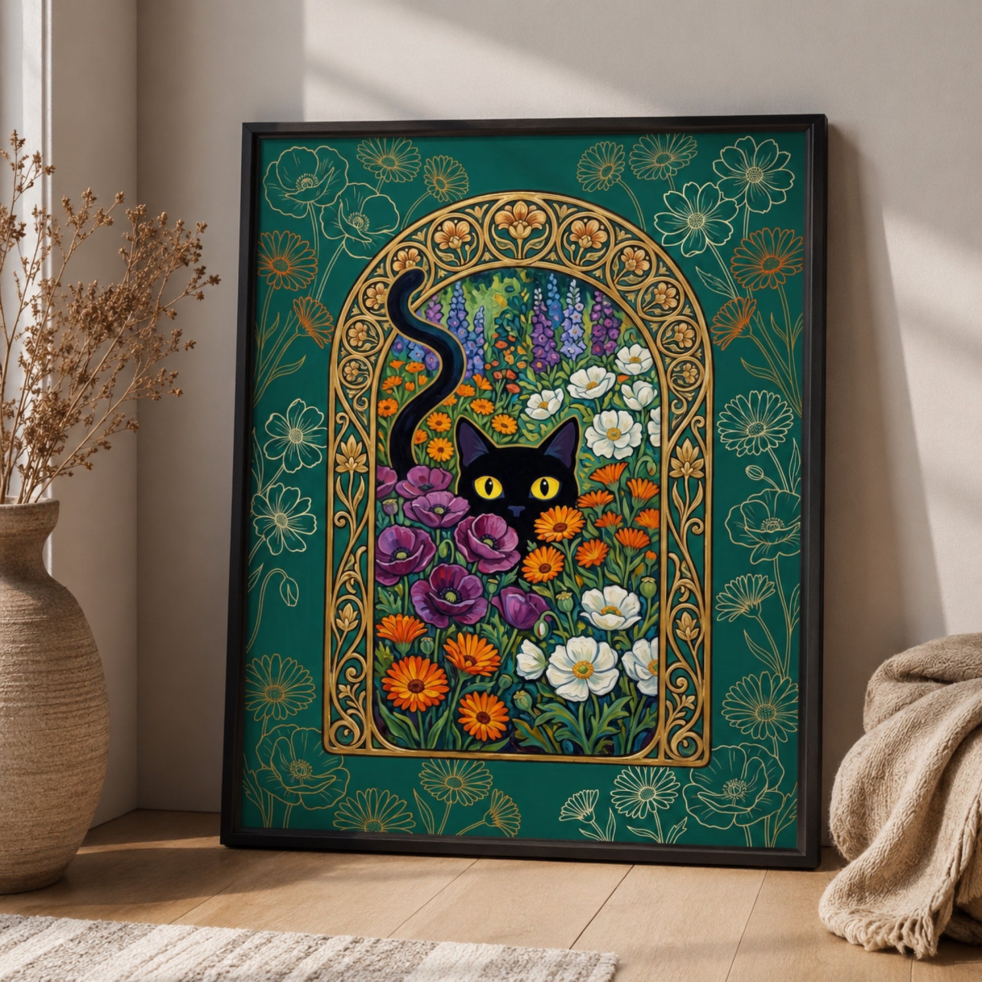 Black Cat in the Nouveau Garden Wall Art Decor preview 2