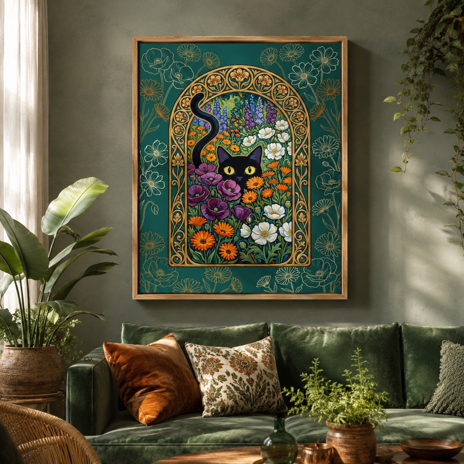 Black Cat in the Nouveau Garden Wall Art Decor preview 3