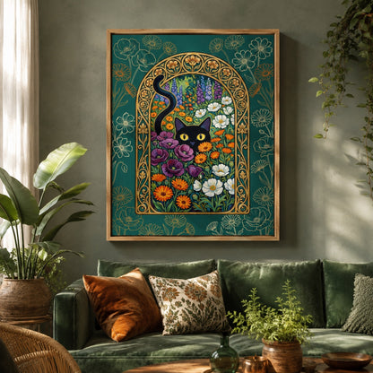 Black Cat in the Nouveau Garden Wall Art Decor preview 3