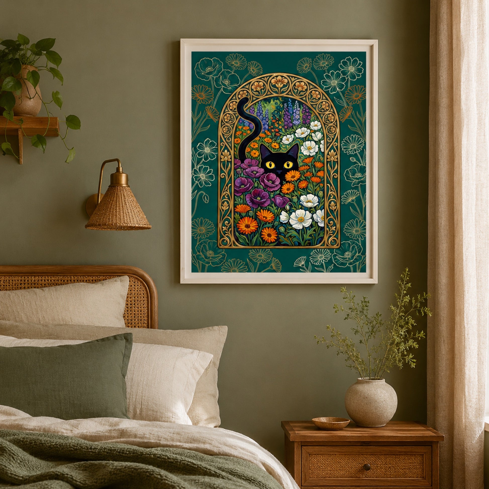 Black Cat in the Nouveau Garden Wall Art Decor preview 4