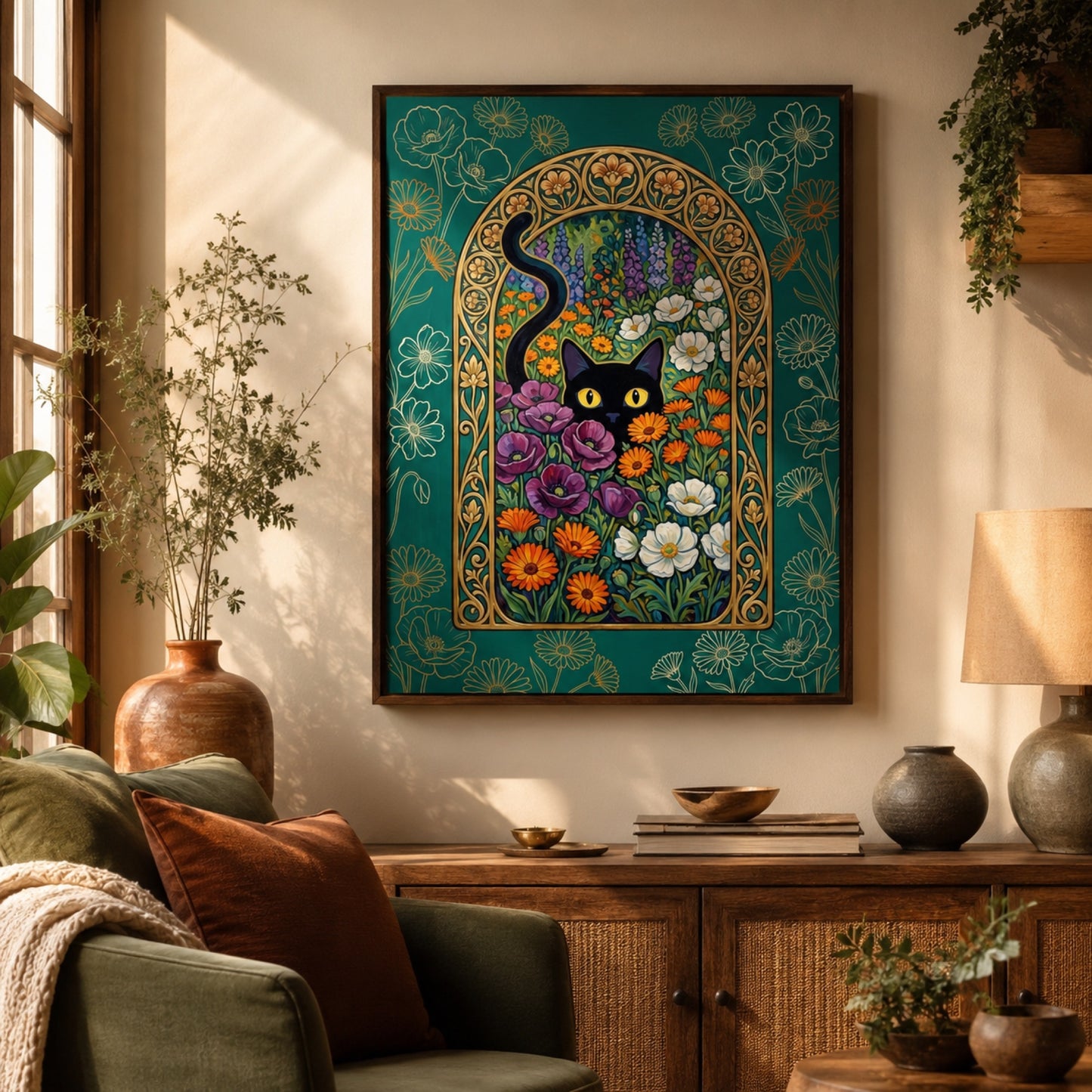 Black Cat in the Nouveau Garden Wall Art Decor preview 5