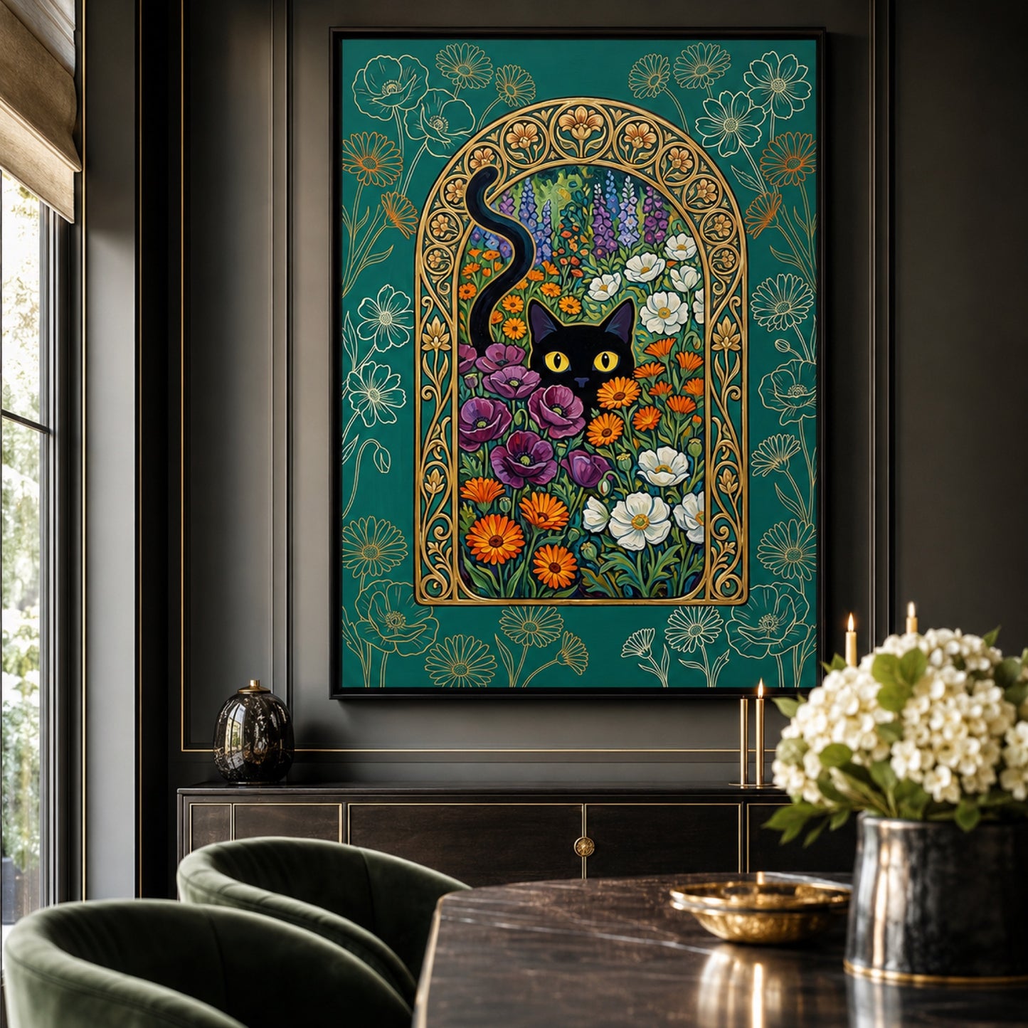 Black Cat in the Nouveau Garden Wall Art Decor preview 6