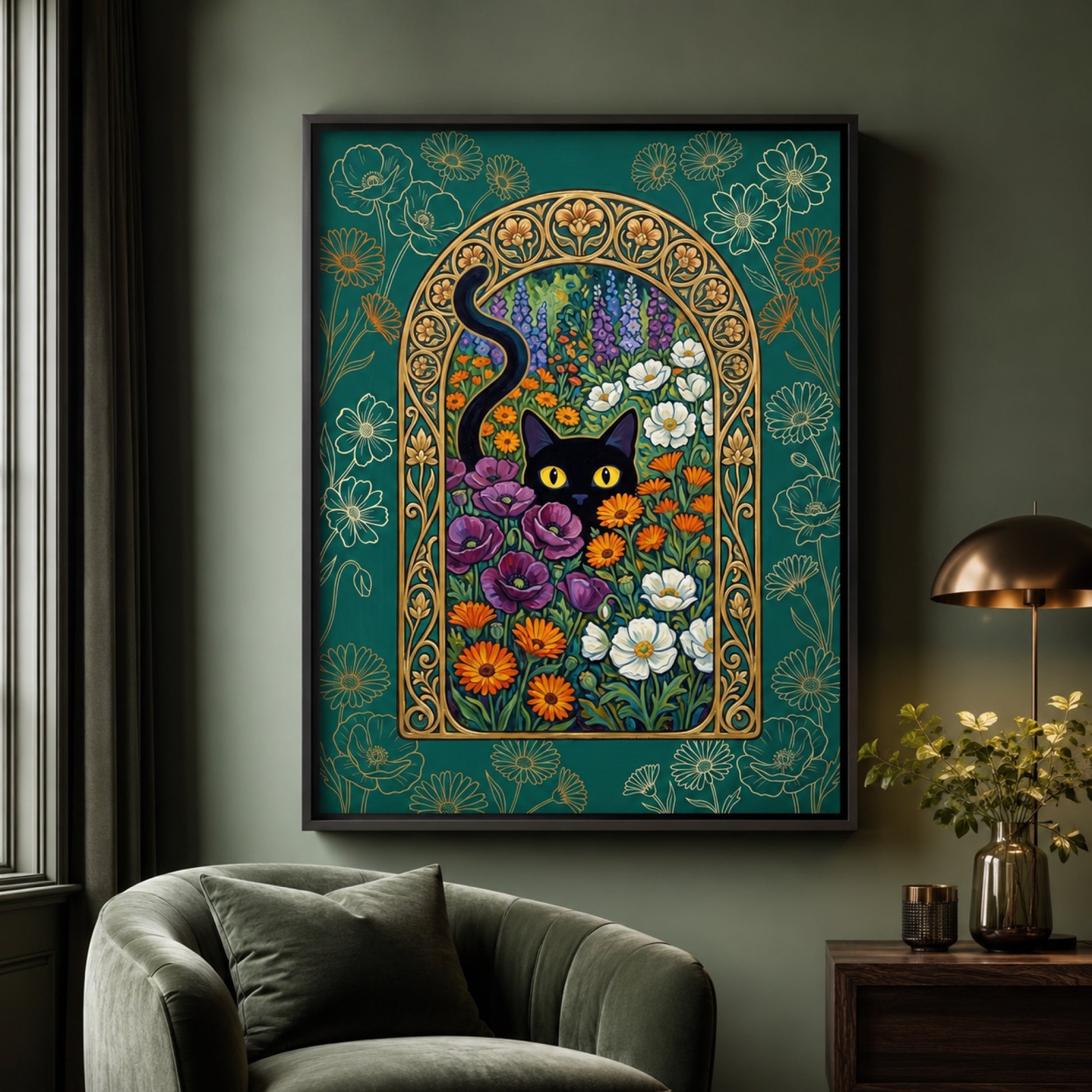Black Cat in the Nouveau Garden Wall Art Decor preview 7