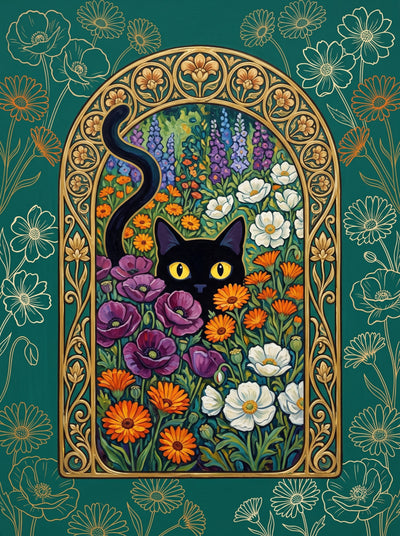 Black Cat in the Nouveau Garden Wall Art Decor
