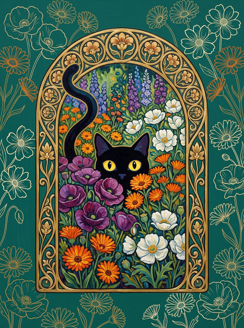 Black Cat in the Nouveau Garden Wall Art Decor