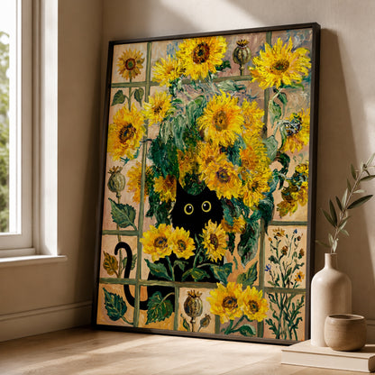 Black Cat in the Sunflowers Wall Art Decor preview 2