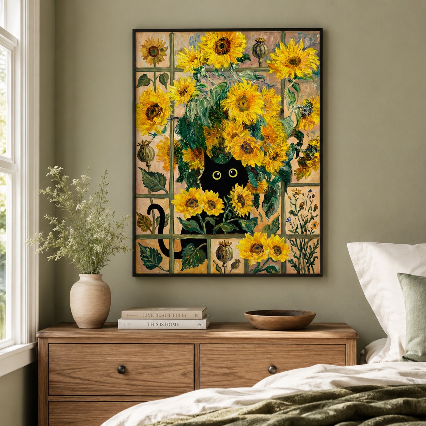 Black Cat in the Sunflowers Wall Art Decor preview 4