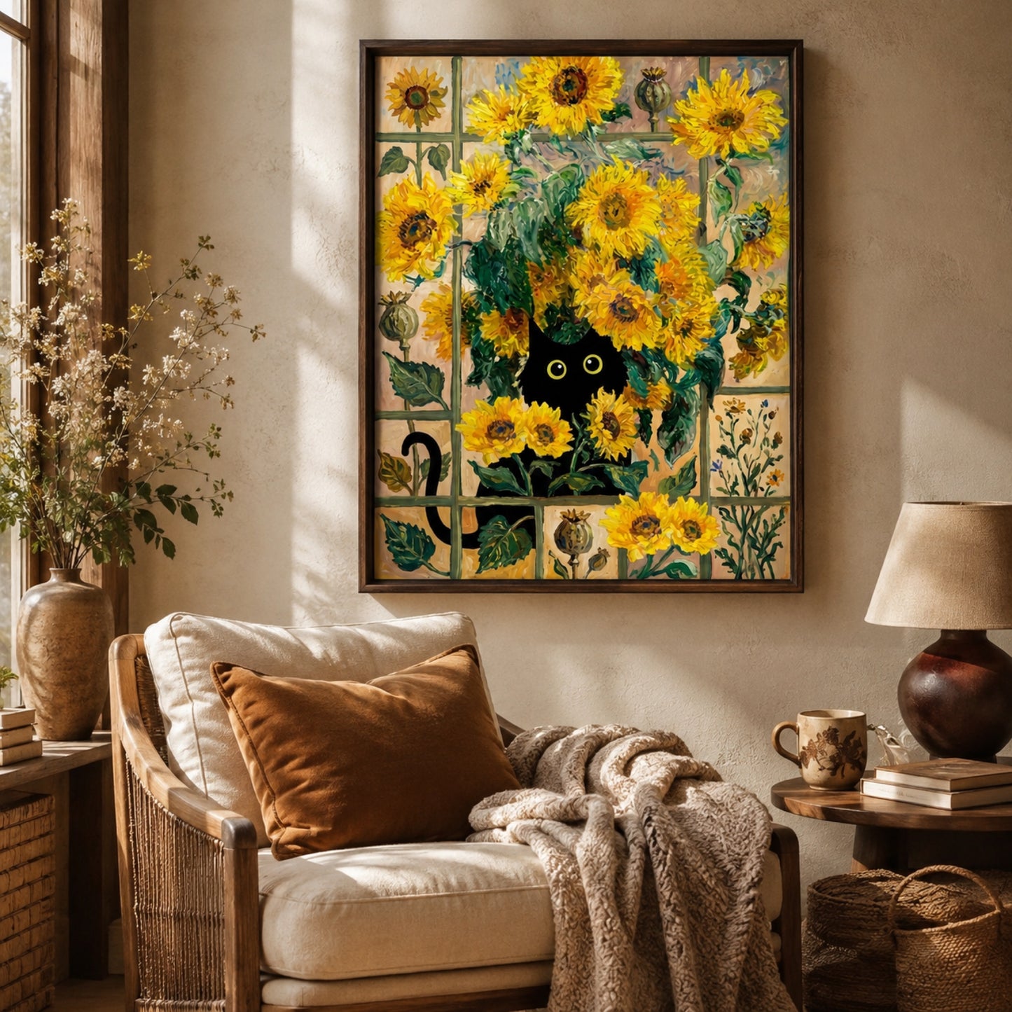 Black Cat in the Sunflowers Wall Art Decor preview 5