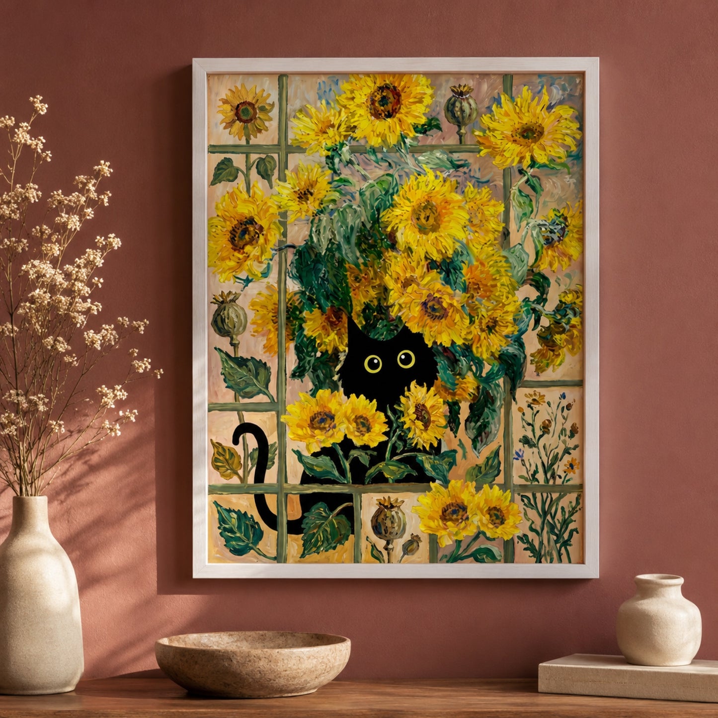 Black Cat in the Sunflowers Wall Art Decor preview 7
