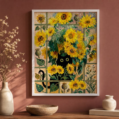 Black Cat in the Sunflowers Wall Art Decor preview 7