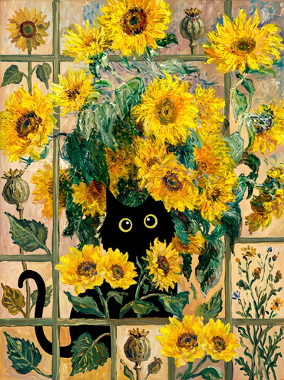 Black Cat in the Sunflowers Wall Art Decor