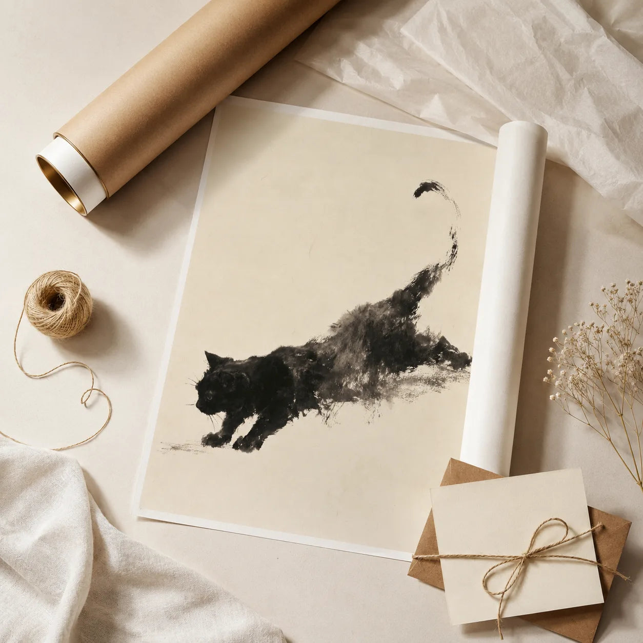 Black Cat Ink Wash Wall Art Decor - Wall Art Decor - back view